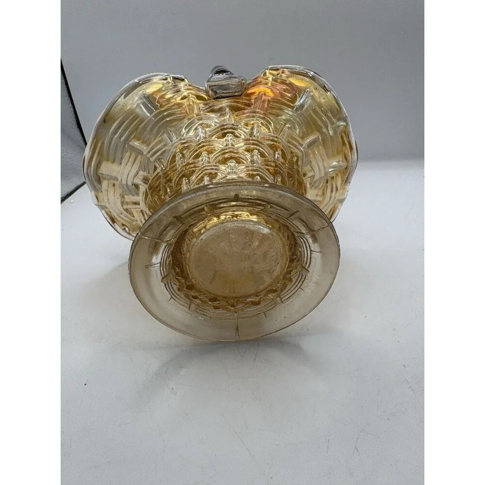 Vintage Marigold 6” Dugan Carnival Glass Weaved Pattern Basket